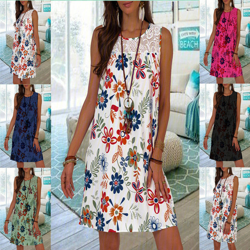 Women Fashion Casual Floral Printing Lace Sleeveless Dress