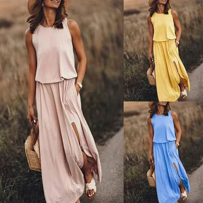 Women Casual Solid Color Sleeveless Side-Slit Maxi Dress