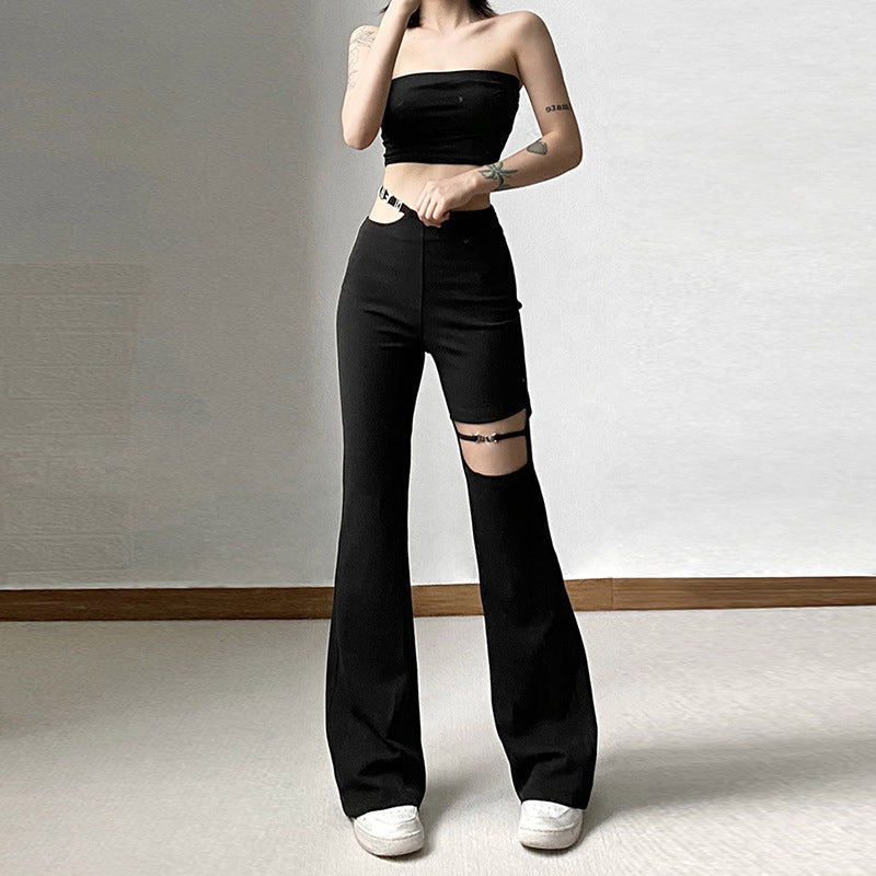 Women Flow Ripped Hole Hollow Micro-Blaze Gothic Casual Pants