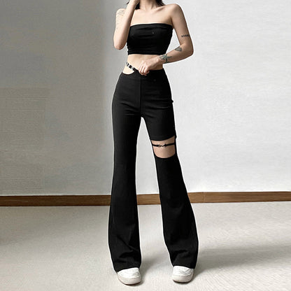 Women Flow Ripped Hole Hollow Micro-Blaze Gothic Casual Pants