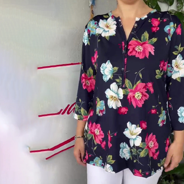 Camisa informal de verano para mujer, de manga larga, con estampado floral y ondas, talla grande