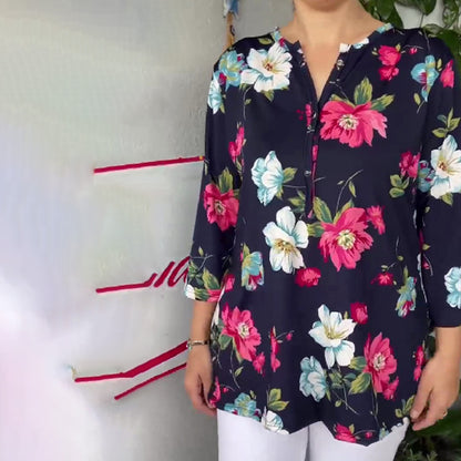 Camisa informal de verano para mujer, de manga larga, con estampado floral y ondas, talla grande