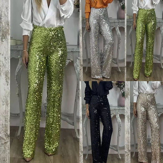 Pantalones acampanados elásticos, informales, ajustados, con lentejuelas y multicolor para fiesta de moda para mujer