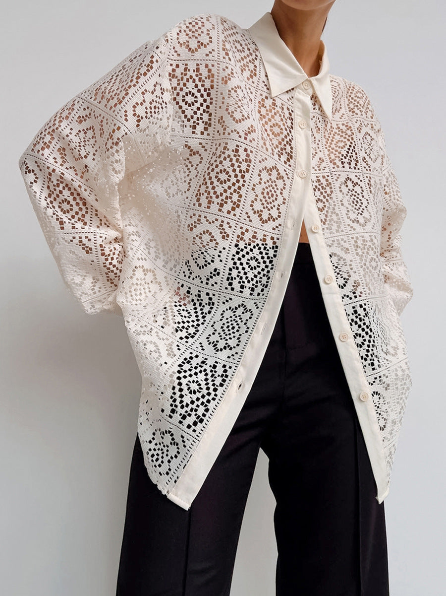 Blusa informal elegante de encaje con solapa hueca y manga larga para mujer