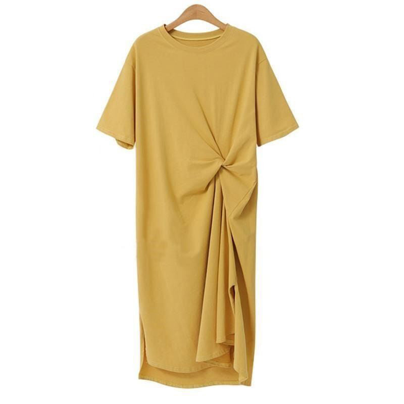 Women Basic Summer Casual Side-slit Short Sleeve Solid Color Round Neck Loose Dress