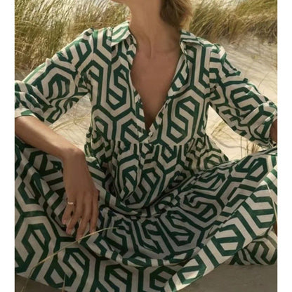 Vestido largo holgado con estampado geométrico estilo bohemio informal