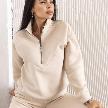 Conjunto de dos piezas de jersey deportivo informal con capucha y manga larga de color liso para mujer