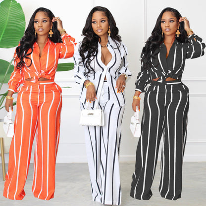 Women Stripe Print Long Sleeve Shirt Blouse Top And Wide Leg Pants Casual Two-Piece Set