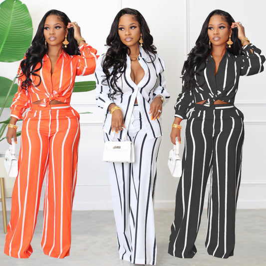 Women Stripe Print Long Sleeve Shirt Blouse Top And Wide Leg Pants Casual Two-Piece Set
