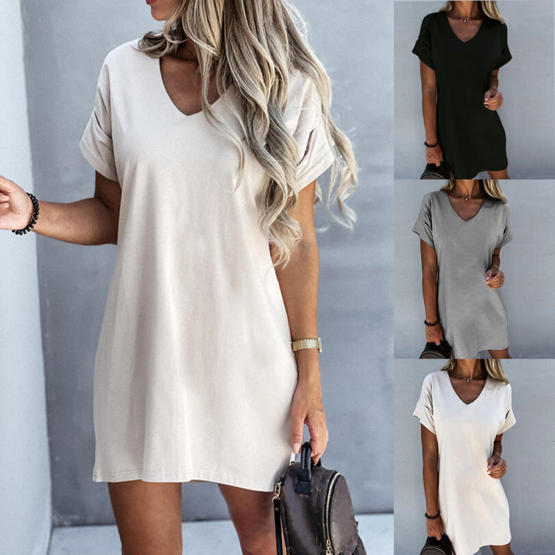 Casual Office Chic Women Solid Color V Neck Short Sleeve Loose Dress