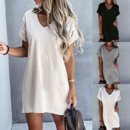 Casual Office Chic Women Solid Color V Neck Short Sleeve Loose Dress