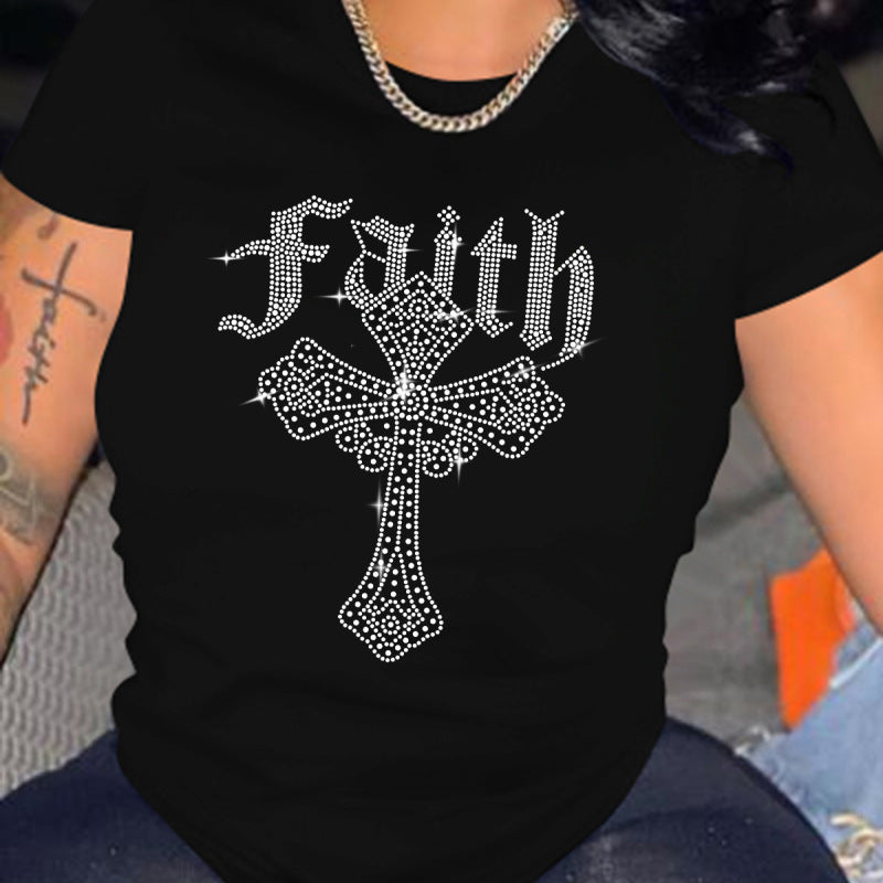 Camiseta informal holgada de talla grande para mujer, cuello redondo, manga corta, estampado de cruz de diamantes