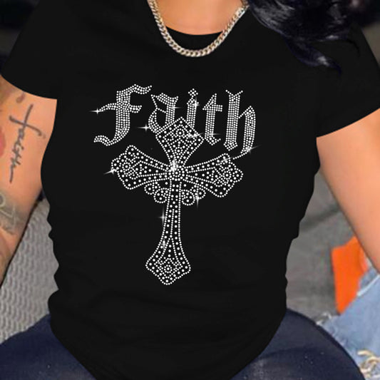 Camiseta informal holgada de talla grande para mujer, cuello redondo, manga corta, estampado de cruz de diamantes