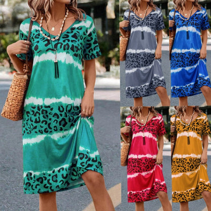 Vestido holgado informal de manga corta con cuello en V y estampado de leopardo para mujer