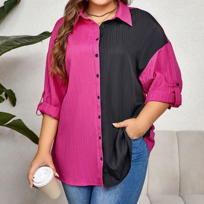 Casual Office Chic Elegant Women Plus Size Long Sleeve Lapel Color Blocking Shirt Blouse
