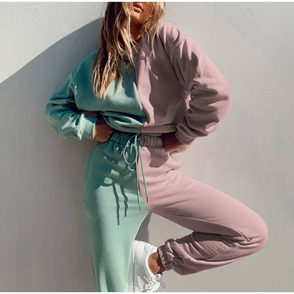 Conjunto de pantalones deportivos de cuello redondo con bloques de color informales a la moda para mujer