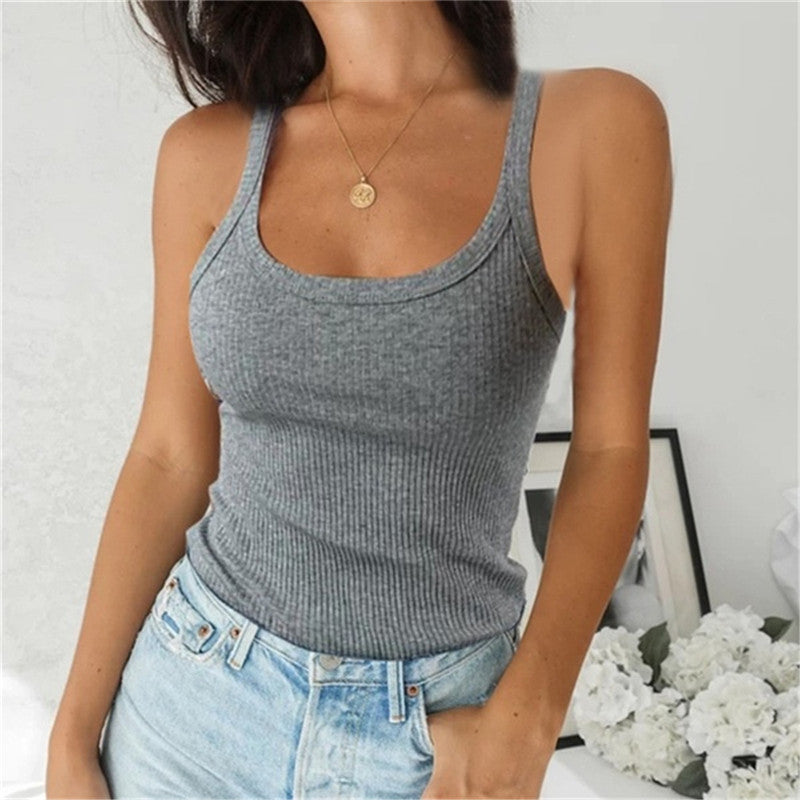 Camiseta básica sin mangas de punto con cuello en U para mujer, informal, de color liso