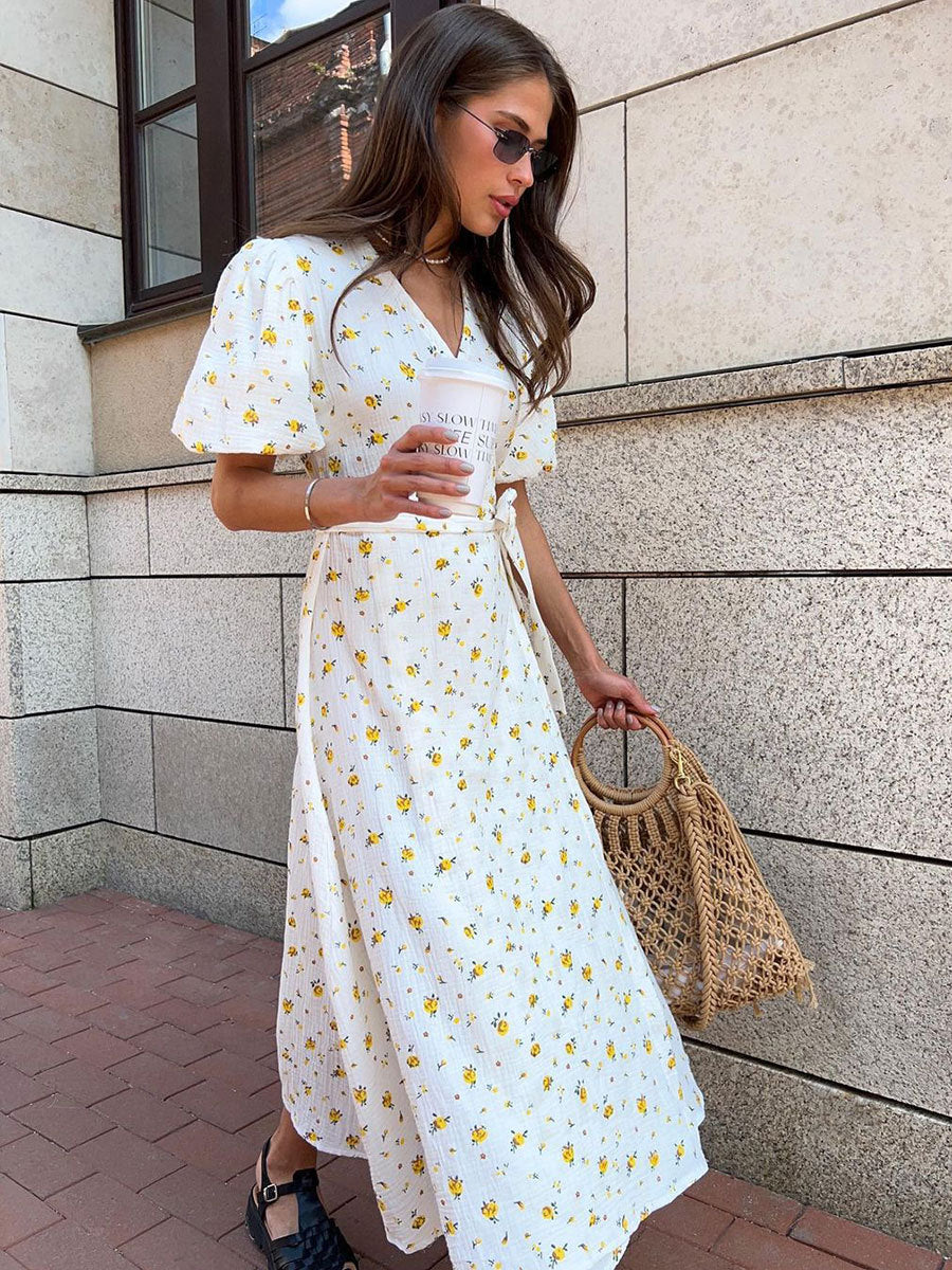 Women Fashion Casual Floral Printed V-Neck Puff Sleeve Lace-Up Dress