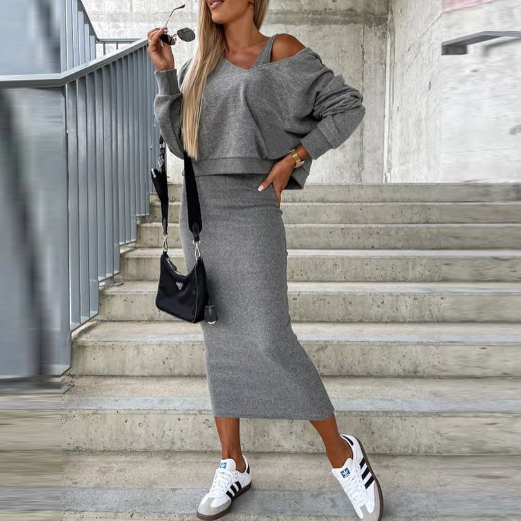 Autumn Winter Women Casual Solid Color Sleeveless Sling Dress Hoodie Two-Piece Set