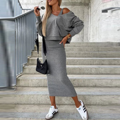 Autumn Winter Women Casual Solid Color Sleeveless Sling Dress Hoodie Two-Piece Set