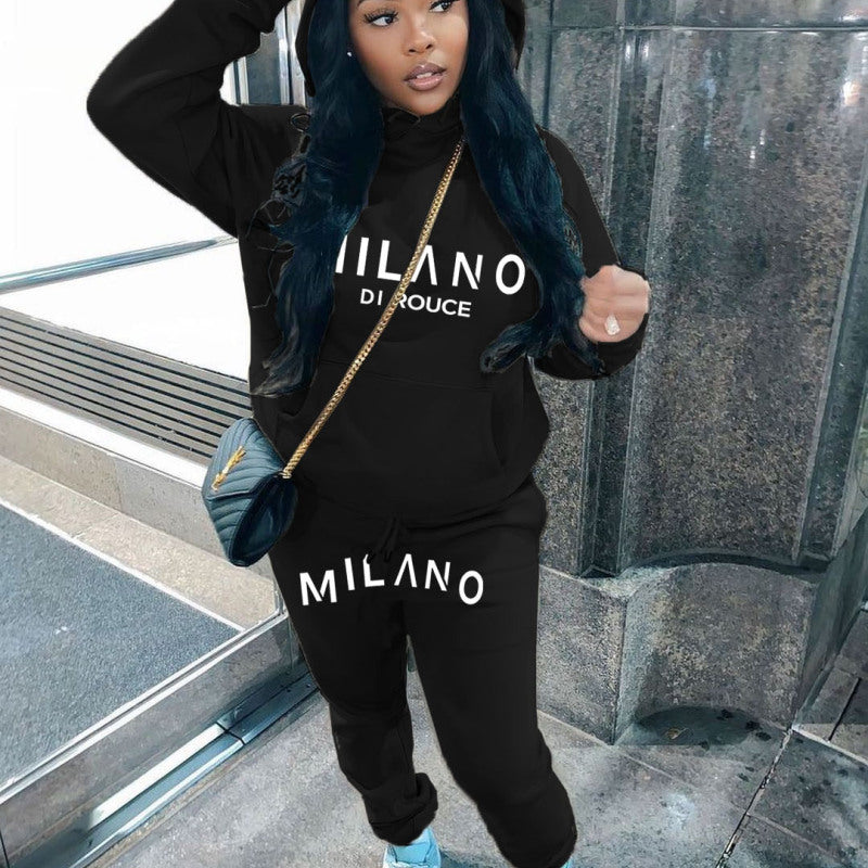 Athleisure Winter Women Loose Casual Letter Printing Long-Sleeved Hooded Sweatshirt Pants Two-Piece Set