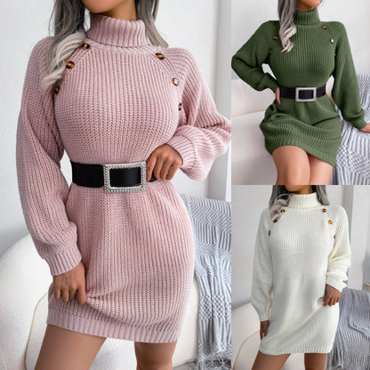 Vestido de punto de manga larga con cuello alto y botones informal a la moda para mujer Otoño Invierno