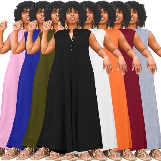 Women Fashion Casual Plus Size Solid Color Sleeveless Loose Jumpsuits