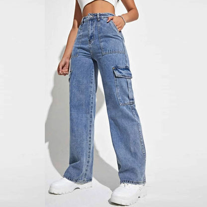 Women Fashion Casual Loose Straight Denim Cargo Pants