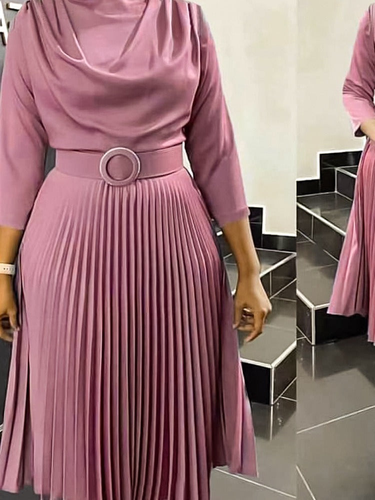 Vestido informal de manga larga plisado de color liso para mujer, talla grande