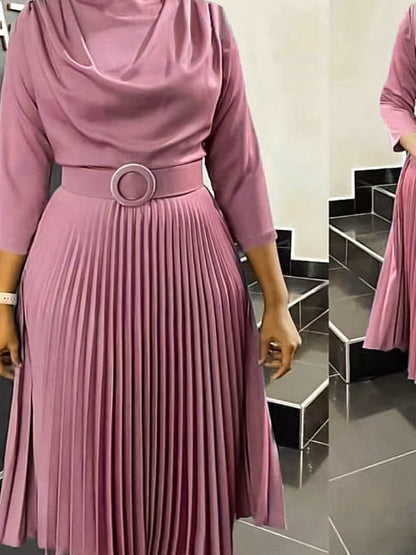 Vestido informal de manga larga plisado de color liso para mujer, talla grande