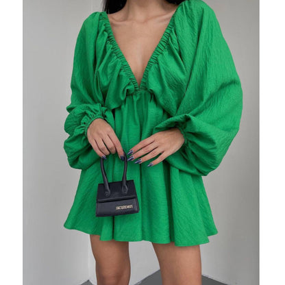 Women Fashion Casual Solid Color V Neck Long Sleeve Dress