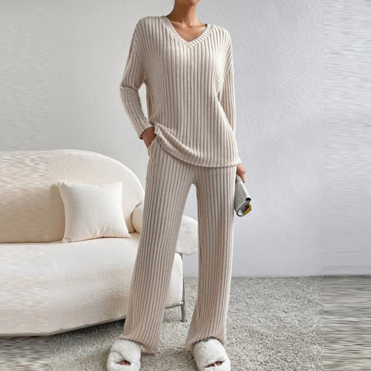 Conjunto de dos piezas de top y pantalones rectos de manga larga de punto con cuello en V informal para mujer