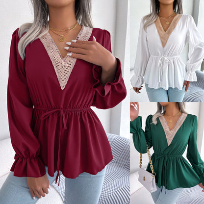 Blusa de gasa con volantes y cintura definida con cuello en V y cordones para oficina informal para mujer