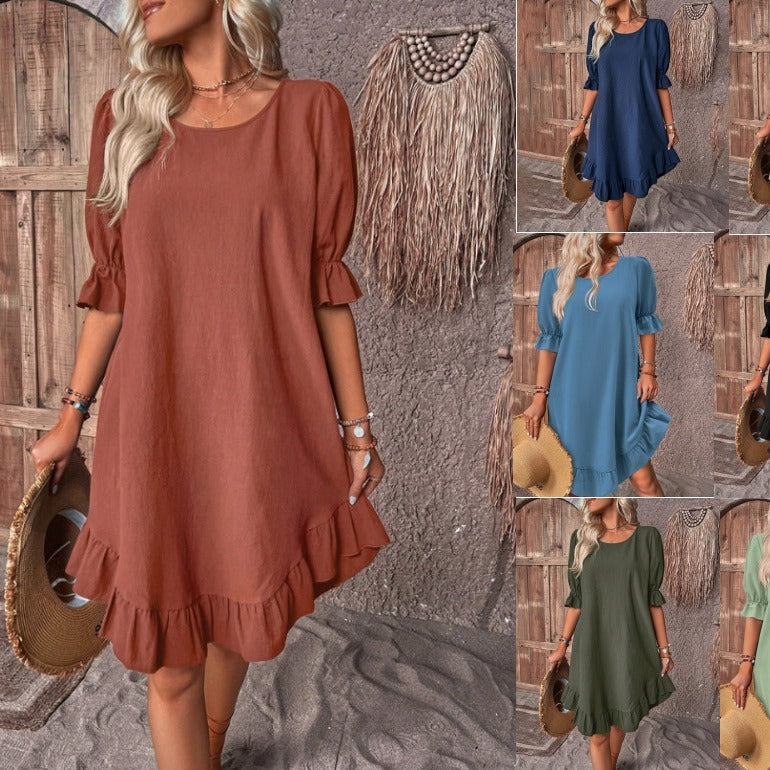 Summer Women Fashion Casual Solid Color Cotton Linen Round Neck Short Sleeve Dress