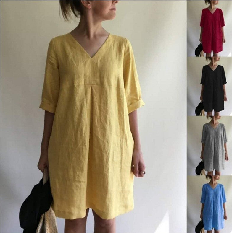 Women Fashion Casual Solid Color V-Neck Dress