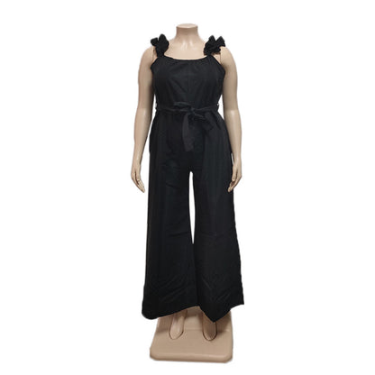 Women Fashion Casual Solid Color Ruffled Shoulder Strap Plus Size Wide Leg Jumpsuit