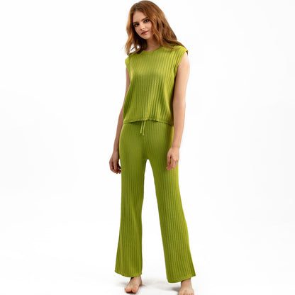 Women Fashion Loose Casual Solid Color Knitted Vest Pants Two-Piece Set