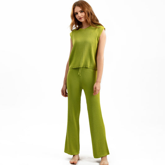 Women Fashion Loose Casual Solid Color Knitted Vest Pants Two-Piece Set