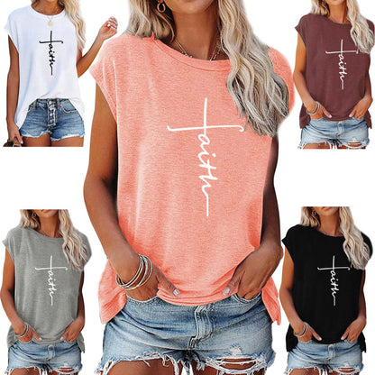 Camiseta informal de verano para mujer con estampado de letras Peace Faith, cuello redondo, manga corta y holgada