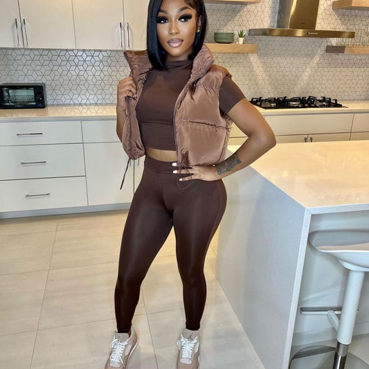 Women Solid Color Crew Neck Short Sleeve Top And High Waist Pants Casual Fashion Sports Yoga Two-Piece Set
