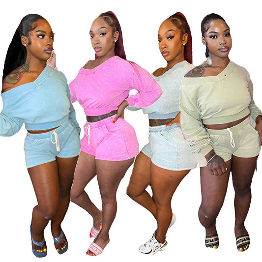 Conjunto de dos piezas de sudadera informal holgada de manga larga con tirantes y pantalones cortos para mujer