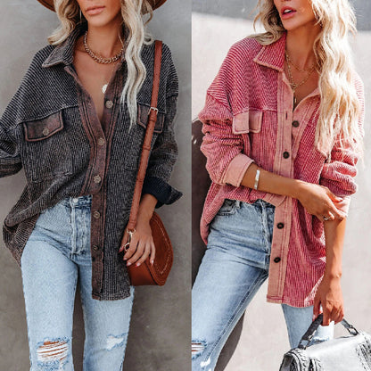 Women Casual Office Long Sleeve Lapel Single-breasted Pocket Design Rin Knit Shacket