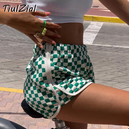 Women Fashion Green Plaid Pattern Y2K Summer Casual Shorts