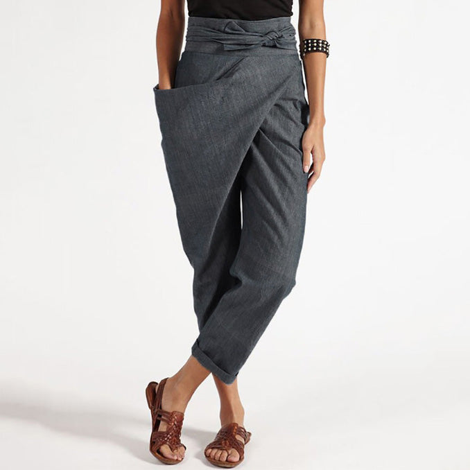 Pantalones casuales irregulares de color sólido con cordones para mujer