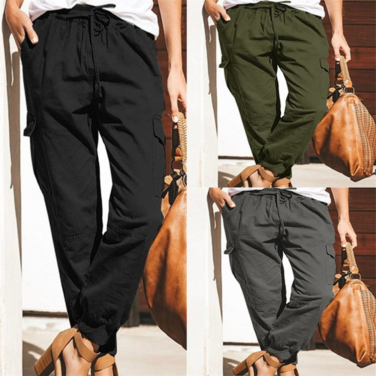 Pantalones cargo con bolsillos casuales de moda de color sólido para mujer