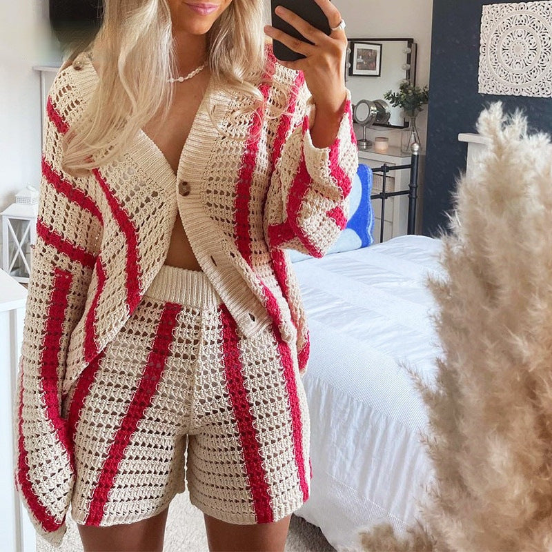 Women Sweet Casual Stripe Hollow Knitted Cardigan Jacket Top And Shorts Two Pieces Set