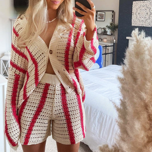 Conjunto de dos piezas formado por chaqueta, top y pantalones cortos, de punto calado, a rayas, informal, dulce, para mujer