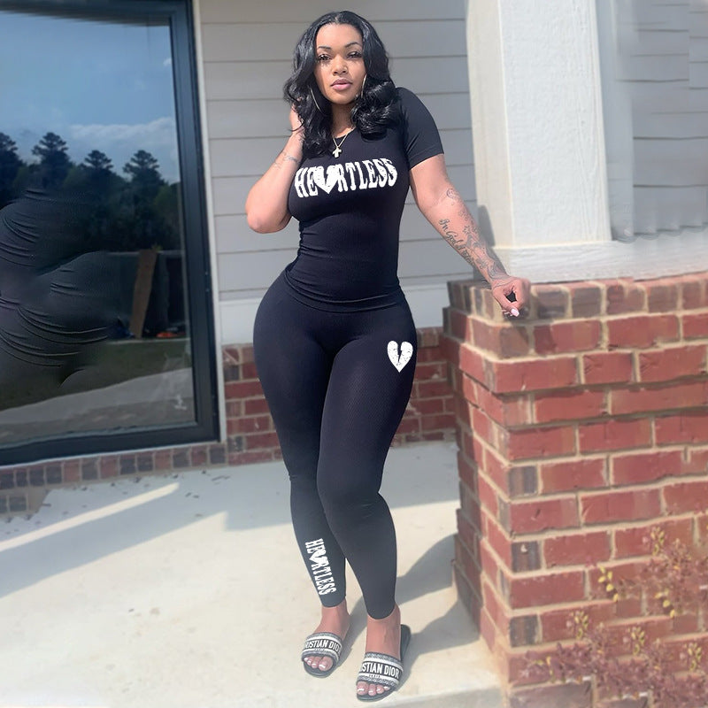 Athleisure Fashion Letter Printed Women Casual T-Shirt And High Waist Pants Two Pieces Sets