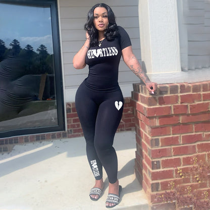 Athleisure Fashion Letter Printed Women Casual T-Shirt And High Waist Pants Two Pieces Sets