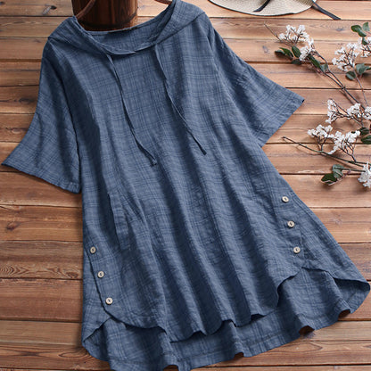Blusa holgada con capucha y cuello redondo de manga corta para mujer, informal, de verano, talla grande
